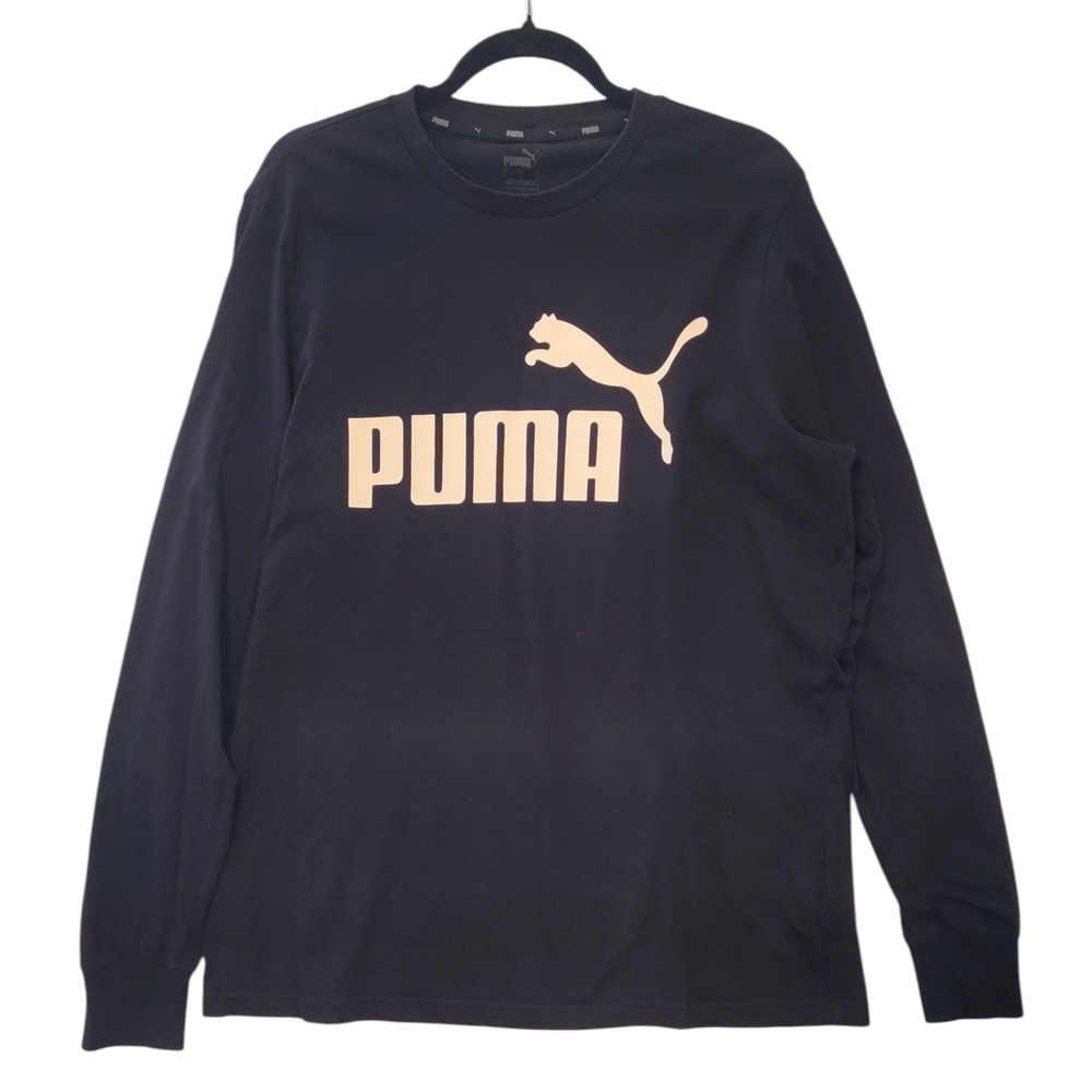PUMA Graphic Crew Neck Long Sleeve T-Shirt Cotton Men's Size Large Logo Black